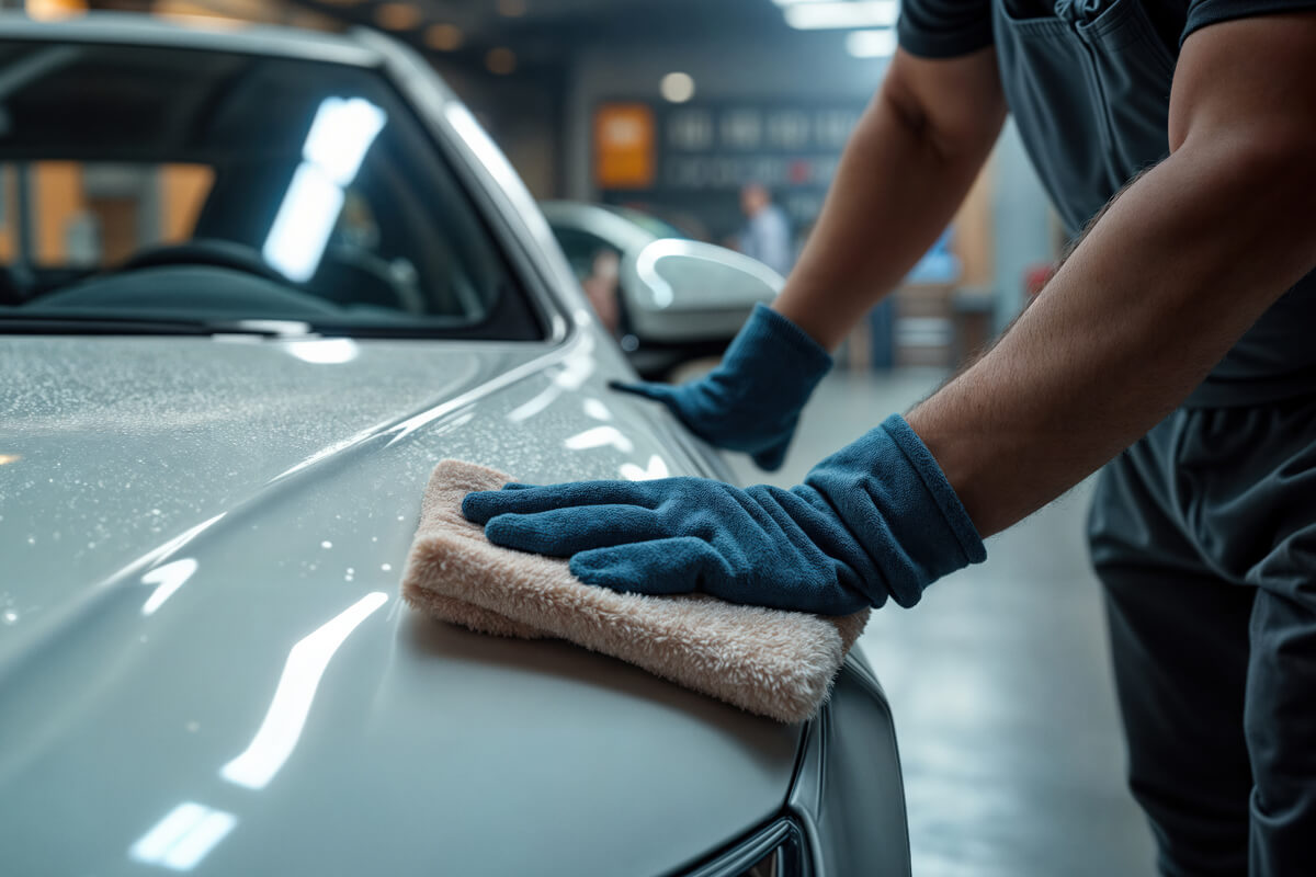 Mitarbeiter putzt die Motorhaube