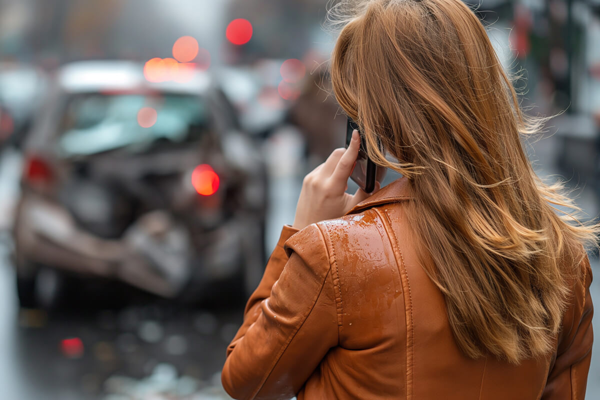 Eine Frau telefoniert und im Hintergrund ist ein Autounfall