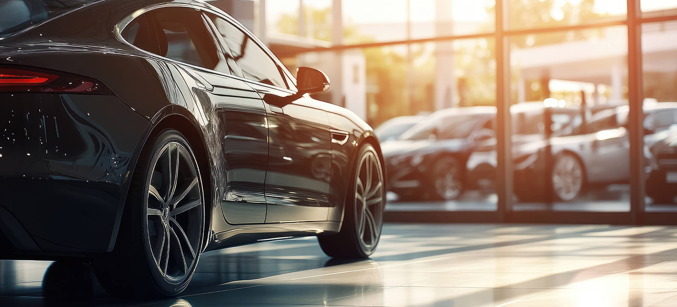 Das Bild zeigt ein Auto seitlich im Autohaus im Sonnenlicht.