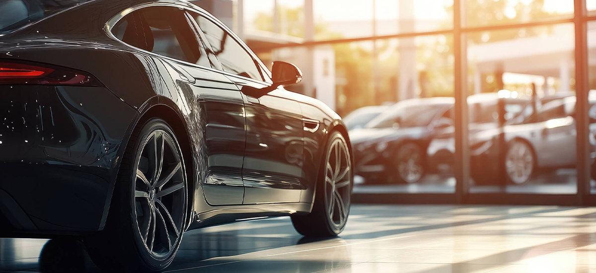 Das Auto ist im Autohaus im Sonnenlicht von der Seite zu sehen.